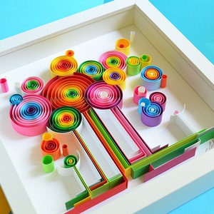May include: A colorful paper quilling art piece in a white shadow box frame. The artwork features vibrant, rolled paper elements in various sizes and colors, including pink, orange, green, and blue, arranged in a whimsical design.