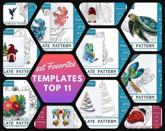 May include: A set of 11 printable paper quilling templates featuring a variety of designs, including a hummingbird, a gnome, a cat, a dragonfly, a heart, a Christmas tree, and a peacock. The templates are labeled "set Favorites TEMPLATES TOP 11".