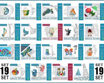 May include: A set of 19 printable papercraft templates featuring various designs, including animals, objects, and symbols. Each template is labeled with the design name, "Pattern", "JPG", and "PDF". The templates are arranged in a grid pattern on a blue background.
