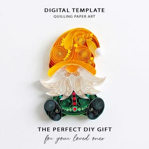 May include: A quilling paper art gnome with a yellow hat and white beard. The gnome's body is green and black with red accents. Text at the top reads "DIGITAL TEMPLATE QUILING PAPER ART". The bottom text says "THE PERFECT DIY GIFT for your loved ones."