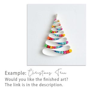 May include: A paper quilling art piece featuring a stylized Christmas tree shape. The tree is constructed from white paper strips forming horizontal layers, filled with small, tightly coiled paper rolls in vibrant rainbow colors.