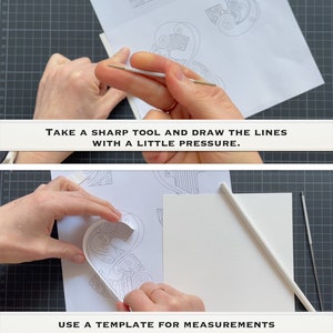 May include: A close-up of a person's hands using a sharp tool to score lines on a white paper template. The text "TAKE A SHARP TOOL AND DRAW THE LINES WITH A LITTLE PRESSURE." is visible at the bottom of the image. The second image shows a person using a template to cut out a design from a white paper. The text "USE A TEMPLATE FOR MEASUREMENTS" is visible at the bottom of the image.