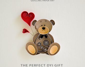 Bear (A23) Quilling Paper Art Digital Template Heart Balloon Outline Instant download
