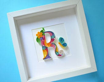 Letter R - Quilling wall paper art, Custom, Framed, Monogram, Personalized, Quilled wall art, Gift quilling art,  Home decor, Birthday gift