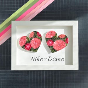 Custom 2 heart with flowers and names/ Quilling paper art / Gift for the 1st Paper Anniversary or Wedding / Gift birthday / Personalised