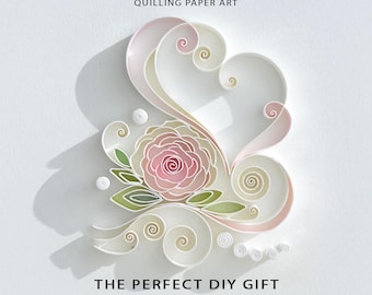 Quilling Art Digital Template, Floral Heart Paper Craft Pattern, DIY Rose Greeting Card Download