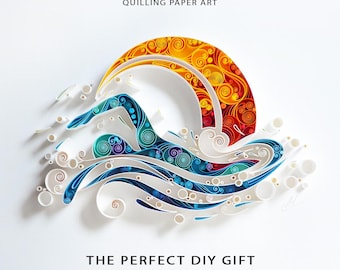 May include: A quilling paper art digital template featuring a swimmer in blue and teal tones surrounded by white bubbles, with a large orange and red sun arching overhead. Text reads: DIGITAL TEMPLATE QUILLING PAPER ART THE PERFECT DIY GIFT for your loved ones.