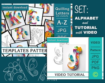 SET Alphabet and Tutorial with video for one letter J / 26 letters / Templates / Patterns / Quilling paper art / Instant download