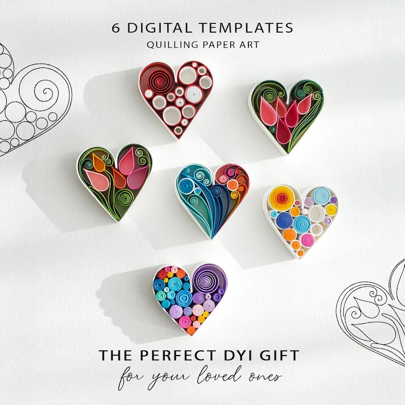 May include: Six digital templates for quilling paper art featuring heart-shaped designs. The image displays five colorful, finished paper quilled hearts in red, green, blue, and rainbow tones, alongside two black and white line art heart outlines.