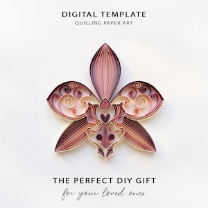 May include: A detailed quilling paper art flower in shades of pink, purple, and cream, with intricate curled details. The text at the top reads "DIGITAL TEMPLATE QUILING PAPER ART". The text at the bottom reads "THE PERFECT DIY GIFT for your loved ones."
