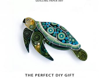May include: A digital template for quilling paper art featuring a sea turtle design. The turtle is composed of intricate, coiled paper strips in shades of teal, blue, green, and yellow. Text reads: DIGITAL TEMPLATE QUILLING PAPER ART THE PERFECT DIY GIFT for your loved ones.