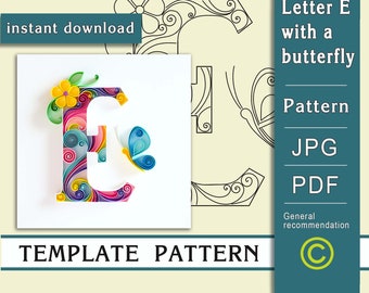 E with a butterfly/ Quilling paper art / ONLY Template / ONLY Pattern  General recommendations with a video with subtitle / Instant download