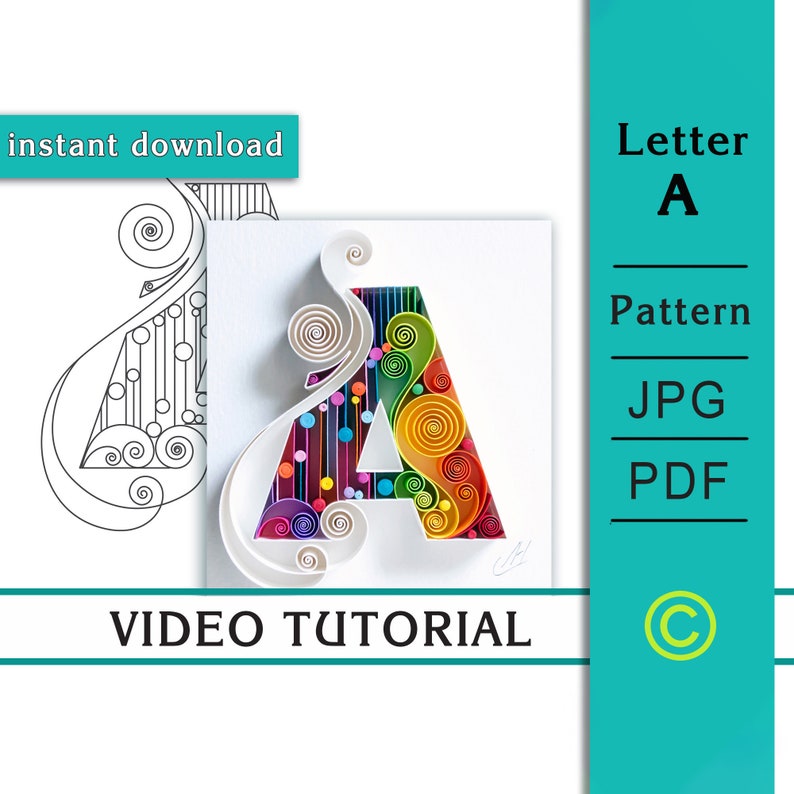 Letra A / Arte en papel Quilling / Video / Tutorial / Cómo hacer A / Patrón / Tutorial digital de Quilling imagen 1