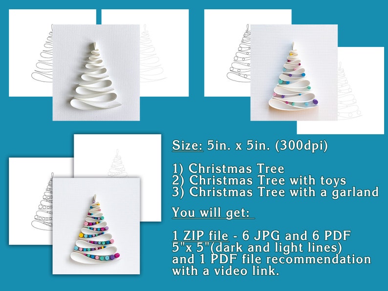 May include: A digital collection of 5in. x 5in. Christmas tree illustrations featuring paper quilling designs. The set includes trees with toys, garlands, and plain white lines in 6 JPG and 6 PDF files, accompanied by a video link recommendation.