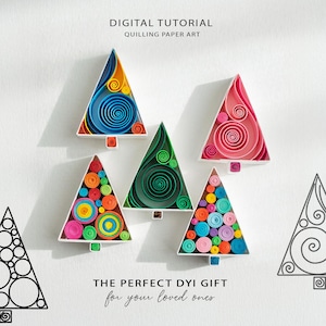 May include: A collection of colorful quilled paper Christmas trees. Each tree is a different color, including blue, green, pink, and multi-colored. The trees are displayed against a white background with the text "DIGITAL TUTORIAL QUILLING PAPER ART" and "THE PERFECT DIY GIFT for your loved ones."