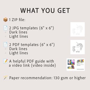 K&ouml;nnte beinhalten: Eine digitale Produktauflistung mit dem Titel WHAT YOU GET, bestehend aus 1 ZIP-Datei mit 2 JPG- und 2 PDF-Vorlagen in 15,24 cm x 15,24 cm mit dunklen und hellen Linien, einem PDF-Leitfaden mit Videolink und einer Papierempfehlung ab 130 gsm.