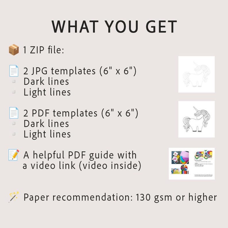 K&ouml;nnte beinhalten: Eine digitale Produktauflistung mit dem Titel WHAT YOU GET, bestehend aus 1 ZIP-Datei mit 2 JPG- und 2 PDF-Vorlagen in 15,24 cm x 15,24 cm mit dunklen und hellen Linien, einem PDF-Leitfaden mit Videolink und einer Papierempfehlung ab 130 gsm.