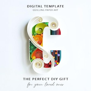May include: A quilling paper art digital template in the shape of the letter "G". The letter is white with colorful paper coils in shades of red, orange, green, and blue. Text at the top reads "DIGITAL TEMPLATE QUILING PAPER ART". The bottom text says "THE PERFECT DIY GIFT for your loved ones".