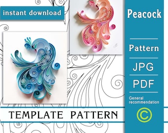 Peacock / Quilling paper art / ONLY Template / ONLY Pattern / General recommendations with a video with subtitles / Instant download