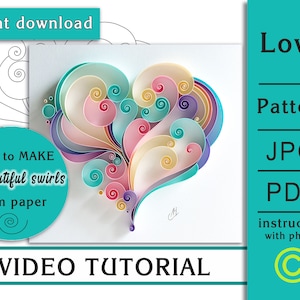 Puede incluir: Una descarga digital de un patrón de artesanía en papel para un corazón hecho de remolinos de papel de colores. El patrón incluye un archivo JPG y un archivo PDF, así como instrucciones con fotos. El texto "Love Pattern" se muestra en el lado derecho de la imagen.