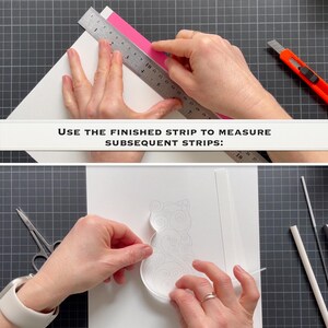 K&ouml;nnte beinhalten: Ein Metalllineal misst einen rosa Papierstreifen, mit dem Text: USE THE FINISHED STRIP TO MEASURE SUBSEQUENT STRIPS. Darunter wird ein wei&szlig;er Papierstreifen zu einer Katzenkontur &uuml;ber einer gedruckten Vorlage auf einer Rastermatte geformt.