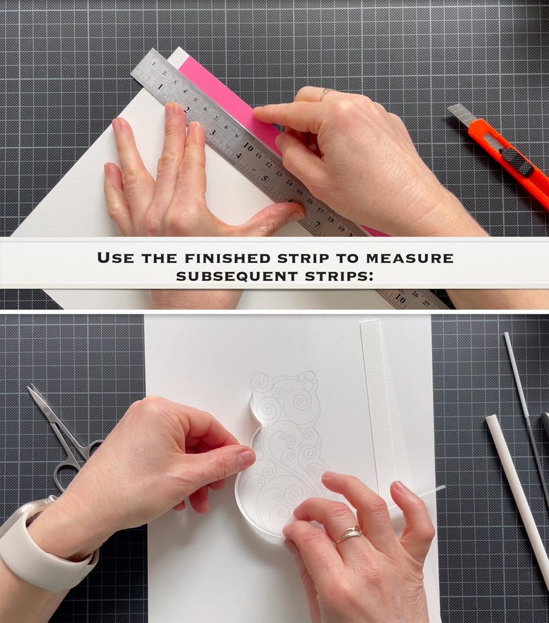 K&ouml;nnte beinhalten: Ein Metalllineal misst einen rosa Papierstreifen, mit dem Text: USE THE FINISHED STRIP TO MEASURE SUBSEQUENT STRIPS. Darunter wird ein wei&szlig;er Papierstreifen zu einer Katzenkontur &uuml;ber einer gedruckten Vorlage auf einer Rastermatte geformt.