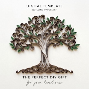 Può includere: Un'opera d'arte di quilling di carta con un design ad albero. L'albero ha un tronco e rami marroni con foglie verdi. Le radici sono intrecciate in un motivo decorativo. Il testo "DIGITAL TEMPLATE" e "QUILLING PAPER ART" sono in alto.