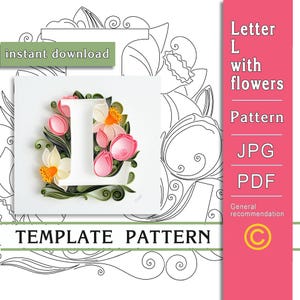 Plantilla de quilling con la letra L y flores: patrón en formato JPG y PDF para arte en papel (descarga digital) (15/5)