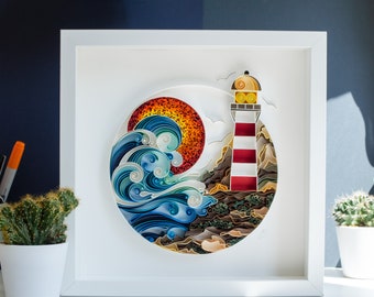 Phare / Art mural en papier quilling / 3D / Encadré