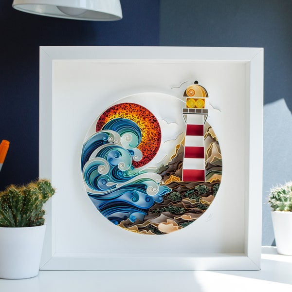 Phare / Art mural en papier quilling / 3D / Encadré