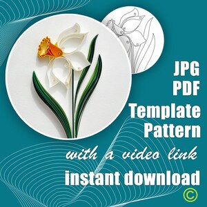 Op de afbeelding: Een digitale download van een papieren quilling sjabloon voor een narcis bloem. De sjabloon bevat een JPG en PDF bestand met een video link voor instructies. De afbeelding toont een witte narcis met een gele kern en groene bladeren.
