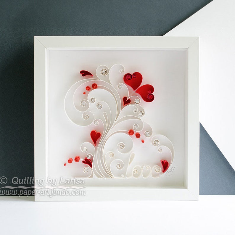 Arbre d'amour Papier d'art mural Quilling Amour végétal Cadeau de mariage Cadeau d'anniversaire Arbre d'amour de famille Encadré fait main Jour de l'amour White