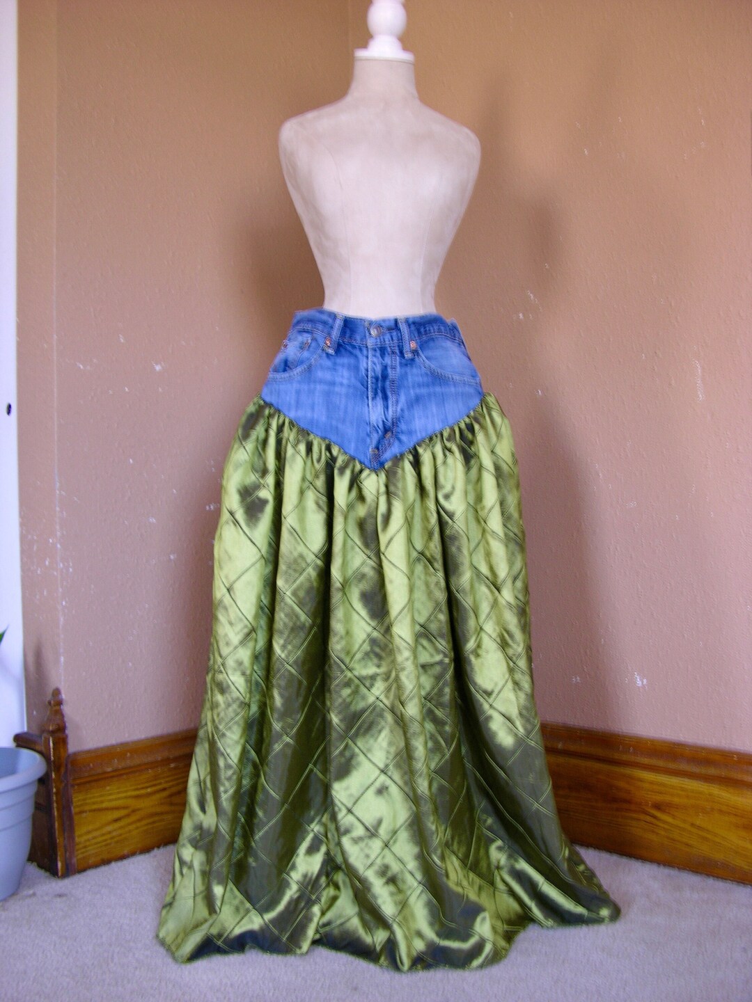 Emerald Gemming Denim Upcycled Maxi Skirt Etsy