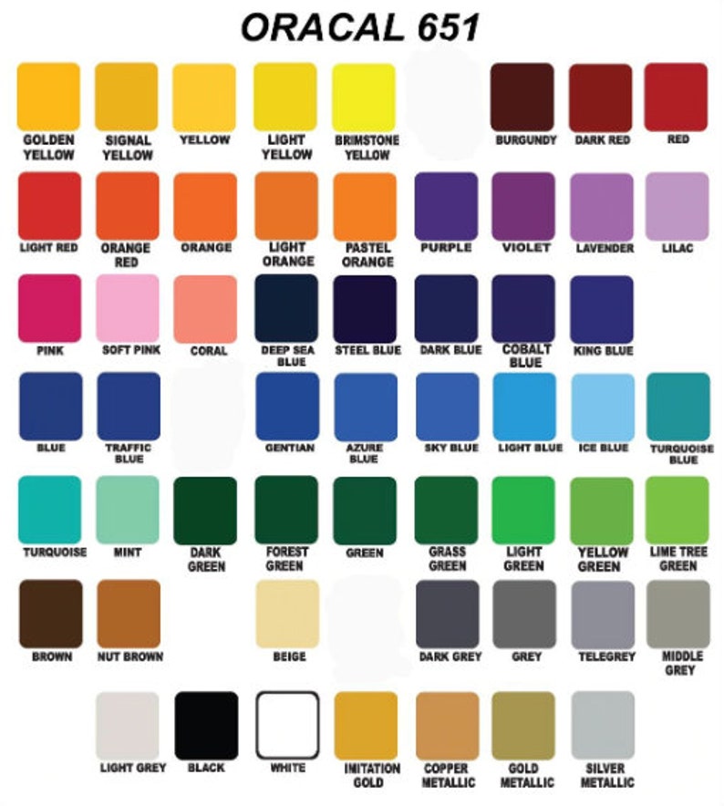 May include: Color chart of ORACAL 651 vinyl with a variety of colors, including yellow, orange, red, blue, green, and metallic shades. Each color is displayed in a small square with its name printed below. The text "ORACAL 651" is at the top.