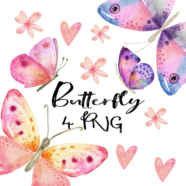 4 Butterfly  Watercolor transparente PNG Aquarell  digital Clipart Illustration- Clipart Set Herz Blume Schmetterling Background wash Pink