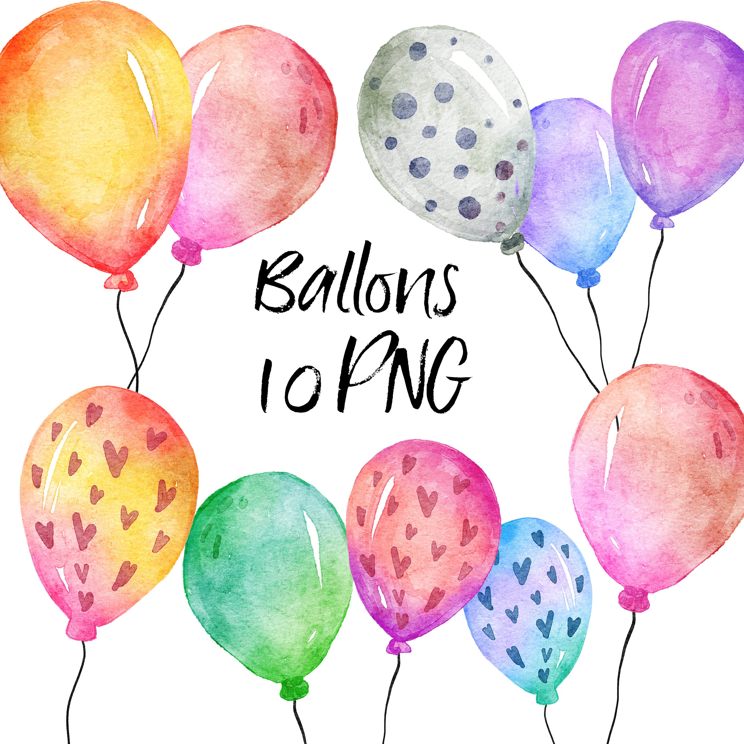 10 Balloons Watercolor Transparent PNG Watercolor Digital | Etsy