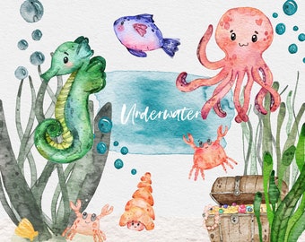 Underwater Watercolor Clip Art Set