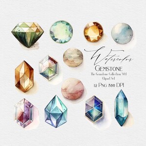 May include: Watercolor illustrations of various gemstones in different shapes and colors. The gemstones are rendered in a realistic style with intricate details. The image includes a variety of colors, including green, blue, purple, brown, and orange.