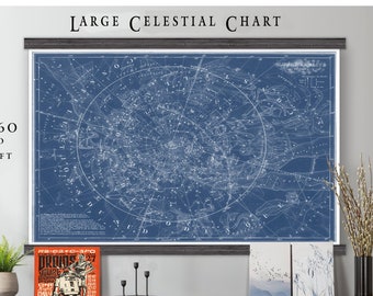 Large Vintage Map| Vintage Celestial Star Chart|4x7ft on Wooden Hangers | Circa 1774 Blues