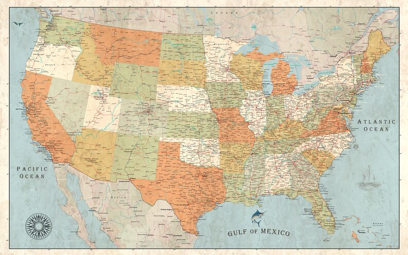 Large USA Map Map of the USA Sizes up to 6 x 10ft The | Etsy