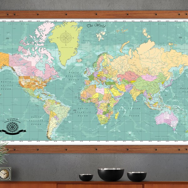 Large Modern World Map.| Printed on Fine Art Canvas | The Largest World Maps Available up to 6x10ft| Modern Brights