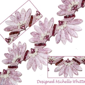 May include: A pink and white beaded bracelet with a floral design. The bracelet is made with small, delicate beads and features a repeating pattern of flowers.