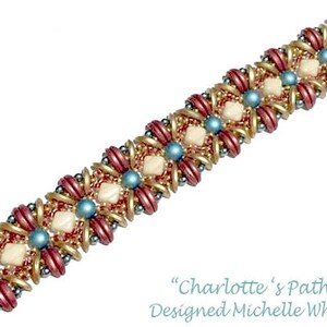 May include: A beaded bracelet with a geometric pattern in shades of red, gold, white, and blue. The bracelet is called "Charlotte's Path" and is designed by Michelle Whittaker.