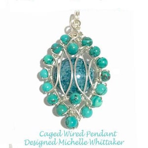 May include: A silver wire pendant with a turquoise gemstone in the center. The gemstone is surrounded by a cage of silver wire and smaller turquoise beads.