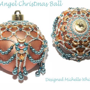 May include: A teal and gold beaded Christmas bauble with a decorative design. The bauble is made with small beads and has a metallic finish. The bauble is designed by Michelle Whittaker.