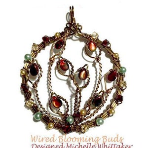 May include: A circular wire-wrapped pendant with a floral design. The pendant features multiple small red, brown, and green beads, and a gold-toned wire frame.