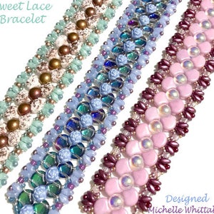 May include: Three beaded bracelets with different color schemes. The first bracelet is white and brown with a light green accent. The second bracelet is blue and green with a light blue accent. The third bracelet is pink and burgundy with a light pink accent. The bracelets are all made with small beads and have a delicate, feminine look. The text "Sweet Lace Bracelet" is at the top of the image. The text "Designed Michelle Whittaker" is at the bottom of the image.