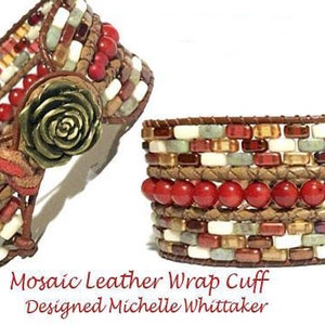 May include: A multi-layered leather wrap bracelet with red, brown, white and green mosaic tiles. The bracelet has a rose-shaped metal clasp.