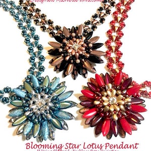 May include: Three beaded star-shaped pendants in different colors. The pendants are made with seed beads and feature a central star design. The pendants are attached to necklaces made with a beaded rope stitch.