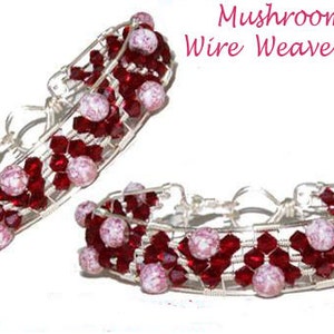May include: Two silver wire bracelets with a woven design and red and white beads. The bracelets are called "Mushroom Hills Wire Weave Tutorial".